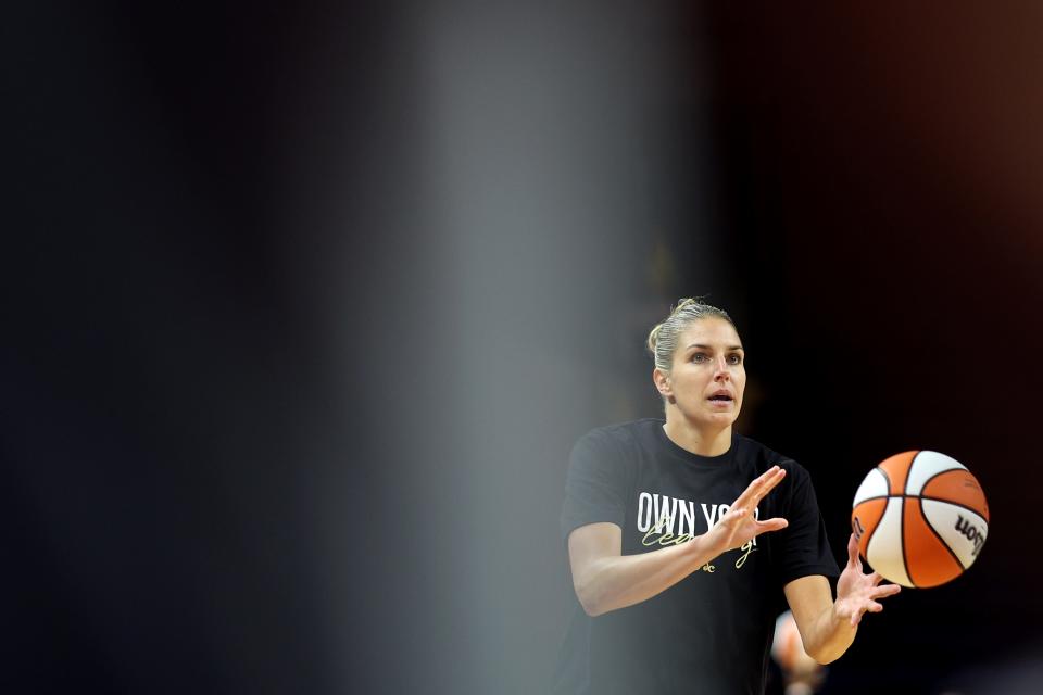 Forward Elena Delle Donne of the Washington Mystics warms up on before playing against the Connecticut Sun at Entertainment & Sports Arena on May 23, 2023 in Washington, D.C.