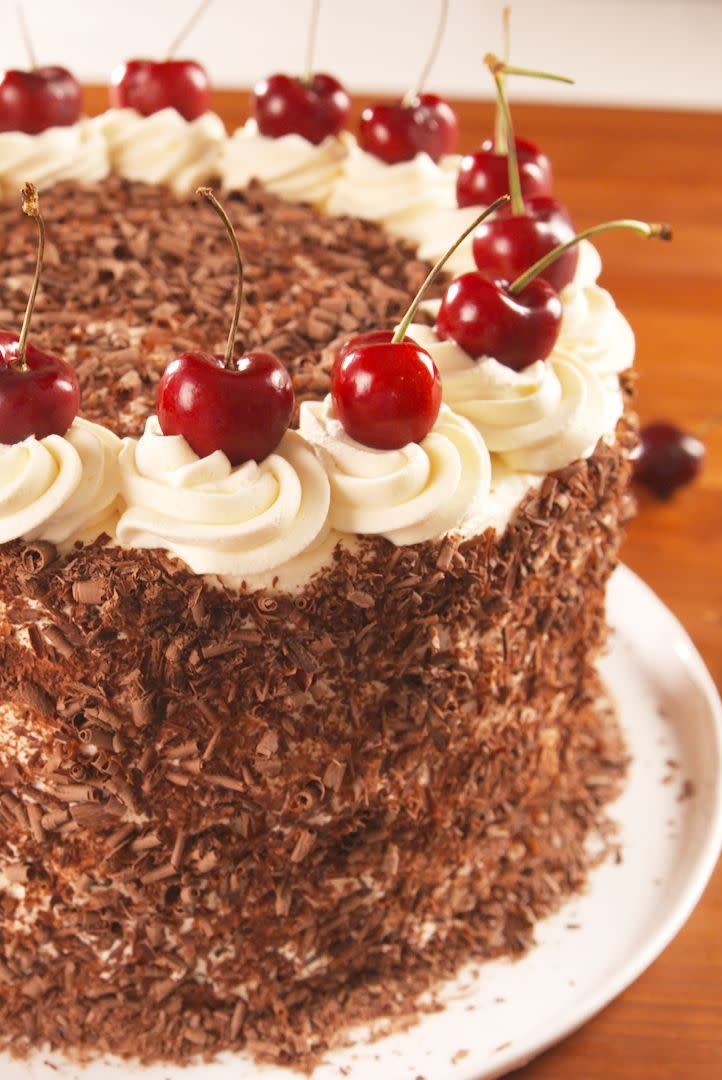 <p>Black forest cake can seem super-intimidating to make—you need to bake cake layers, make a sour cherry syrup, and whip a frosting? But we promise you that in terms of this particular retro dessert, our recipe is as easy as it gets.</p><p>Get the <a href="https://www.delish.com/uk/cooking/recipes/a29681965/easy-black-forest-cake-recipe/" rel="nofollow noopener" target="_blank" data-ylk="slk:Black Forest Cake;elm:context_link;itc:0;sec:content-canvas" class="link ">Black Forest Cake</a> recipe.</p>