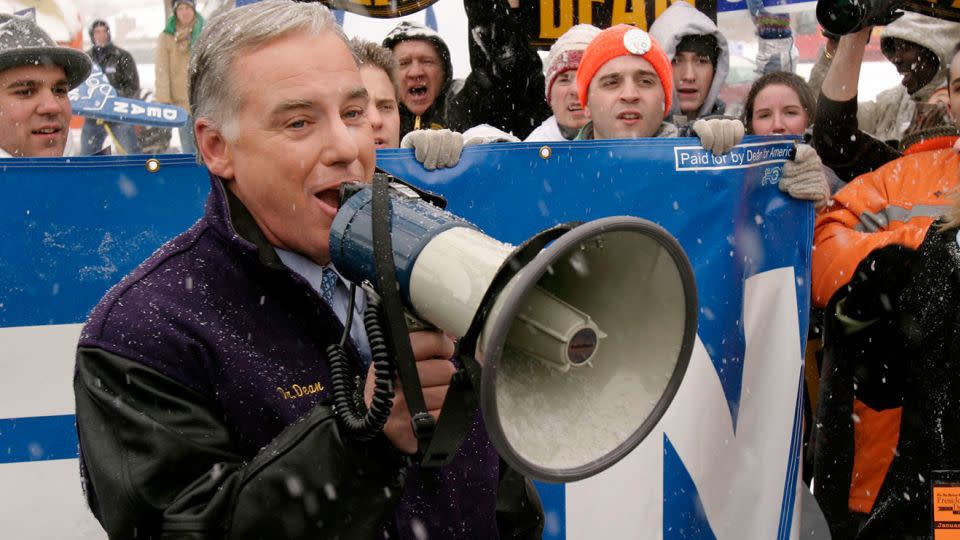 Former Vermont Governor Howard Dean rallies supporters in the snow prior to the Des Moines Register Democratic Presidential Debate on January 4, 2004, in Johnston, Iowa. - Shaun Heasley/Getty Images/FILE