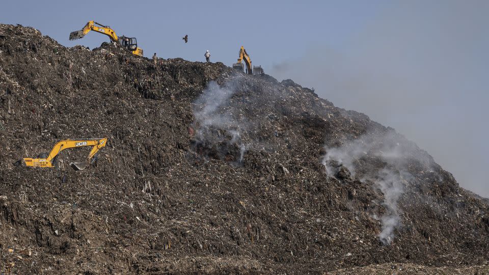 Smoke rises on April 23, following a fire that broke out at the Ghazipur landfill in New Delhi, India. - Noemi Cassanelli/CNN