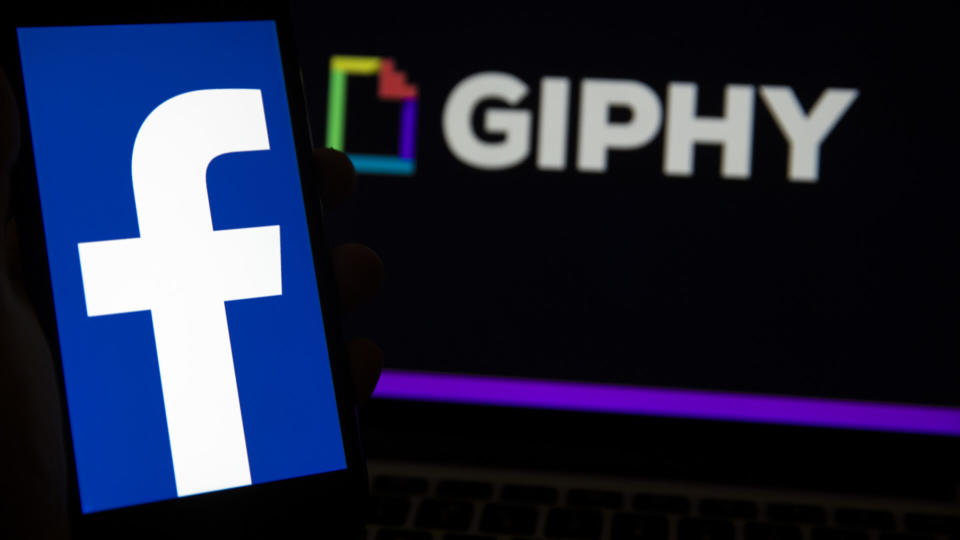 ANKARA, TURKEY - MAY 20: In this illustration photo, Facebook and Giphy logos are displayed on a laptop and a mobile phone screen in Ankara, Turkey on May 20, 2020.