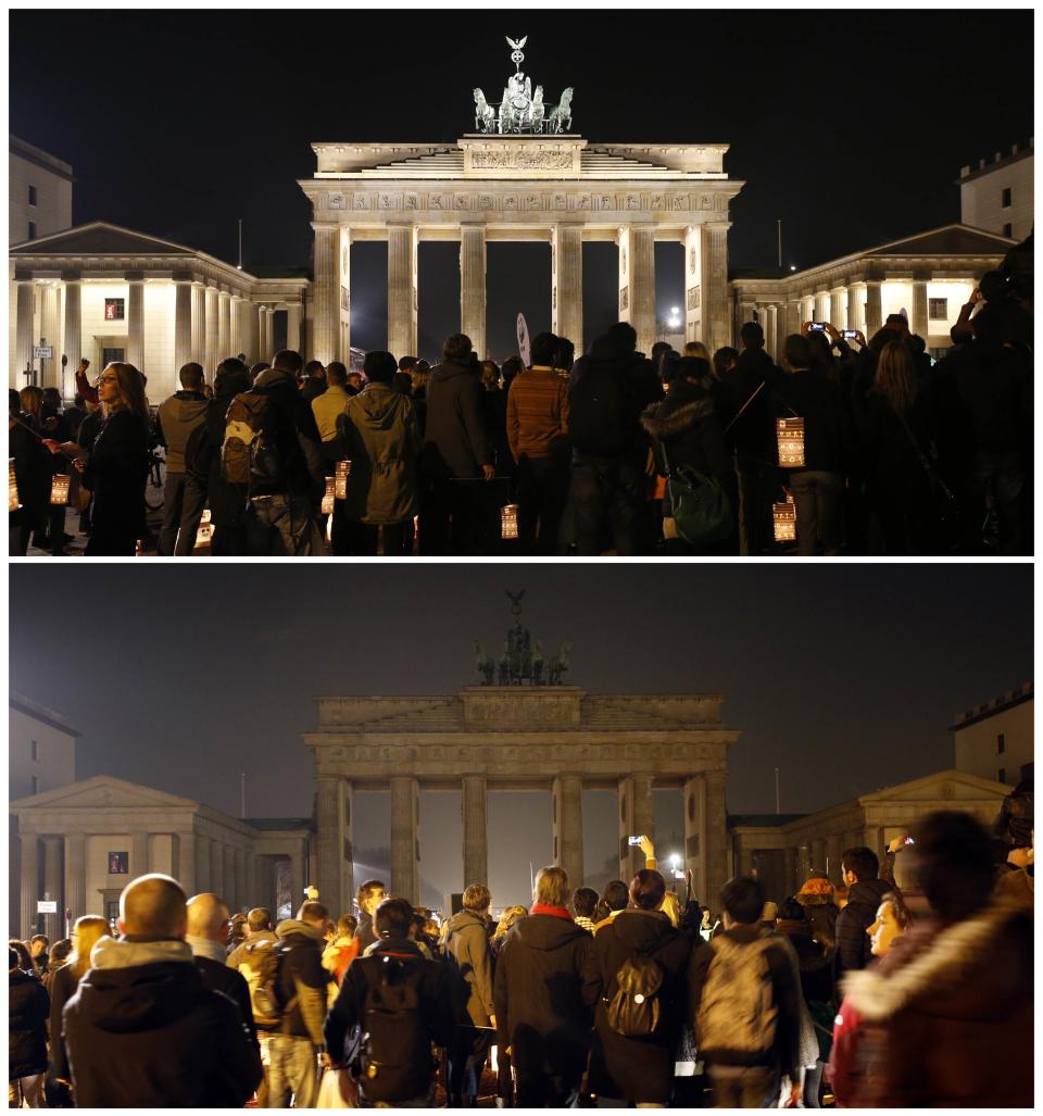 Combination picture of the Brandenburger Tor gate before and during Earth Hour in Berlin