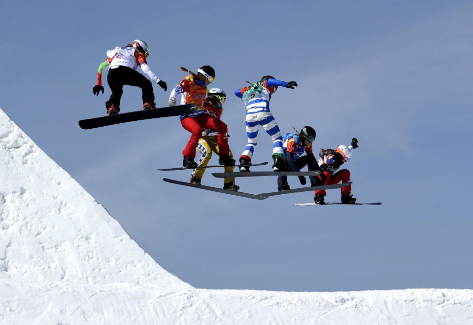 From left; Alexandra Jekova, of Bulgaria, Chloe Trespeuch, of France, Eva Samkova, of the Czech Republic, Michela Moioli, of Italy, Lindsey Jacobellis, of the United States, and De Sousa Mabileau Julia Pereira, of France, run the course during the women’s snowboard cross finals at Phoenix Snow Park at the 2018 Winter Olympics. (AP)