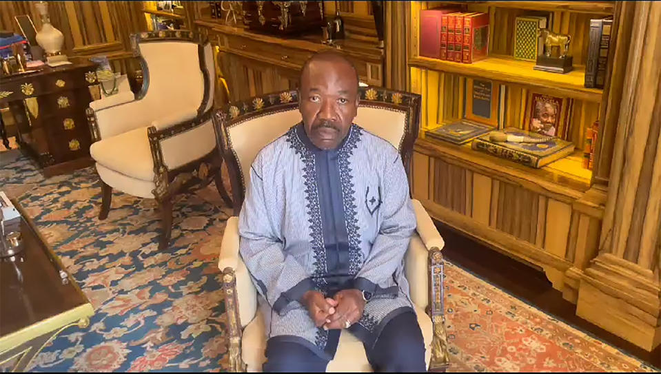 This video grab shows Gabon President Ali Bongo Ondimba sitting in his residence in Libreville, Gabon, Wednesday Aug. 30, 2023. Mutinous soldiers speaking on state television announced that they had seized power in and were overturning the results of a presidential election that was to extend the Bongo family's 55-year hold on power. (BTP advisers on behalf of the President's Office via AP)