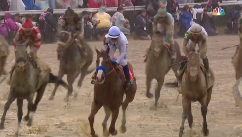 Justify and Mike Smith remained nearly dirt-free in their run to the roses in the 144th running of the Kentucky Derby. (NBC screenshot)