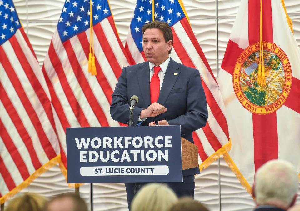 Florida Governor Ron DeSantis speaks to the audience during his visit to the Indian River State College Eastman Advanced Workforce Training Complex on Wednesday, Feb. 7, 2024, in Fort Pierce. DeSantis presented IRSC with a 4$ million grant during his visit.