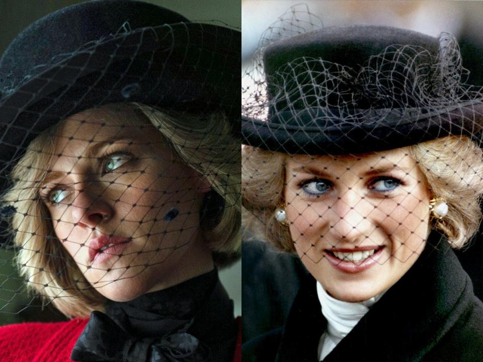 kristen stewart as princess diana in spencer and a photo of princess diana in a birdcage hat
