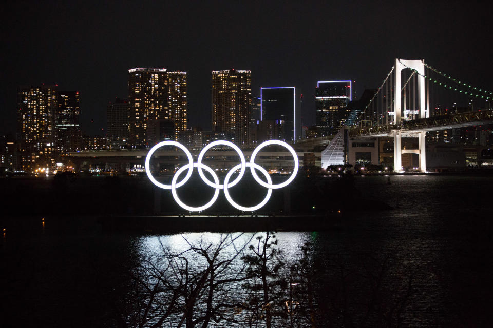 Illuminated Olympic Rings installation in Odaiba Marine Park as Tokyo prepares for the rescheduled 2020 Games