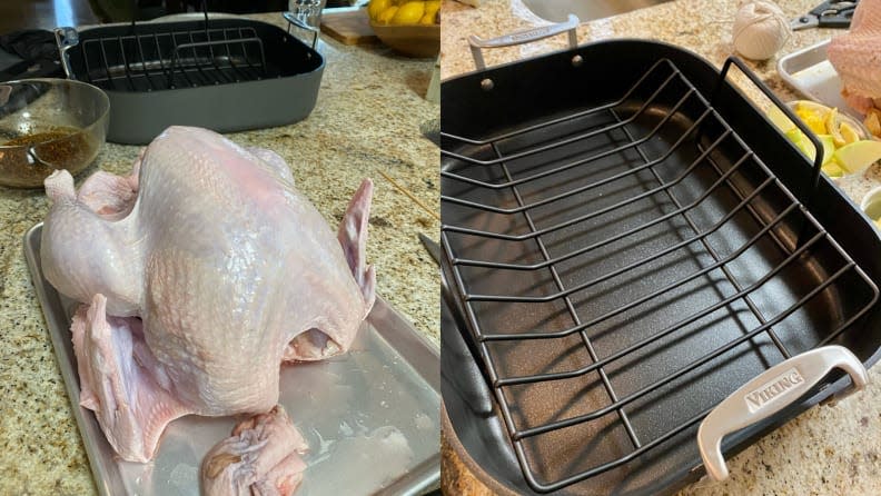 We used a 16-by-13 roasting pan for our 13-pound turkey.