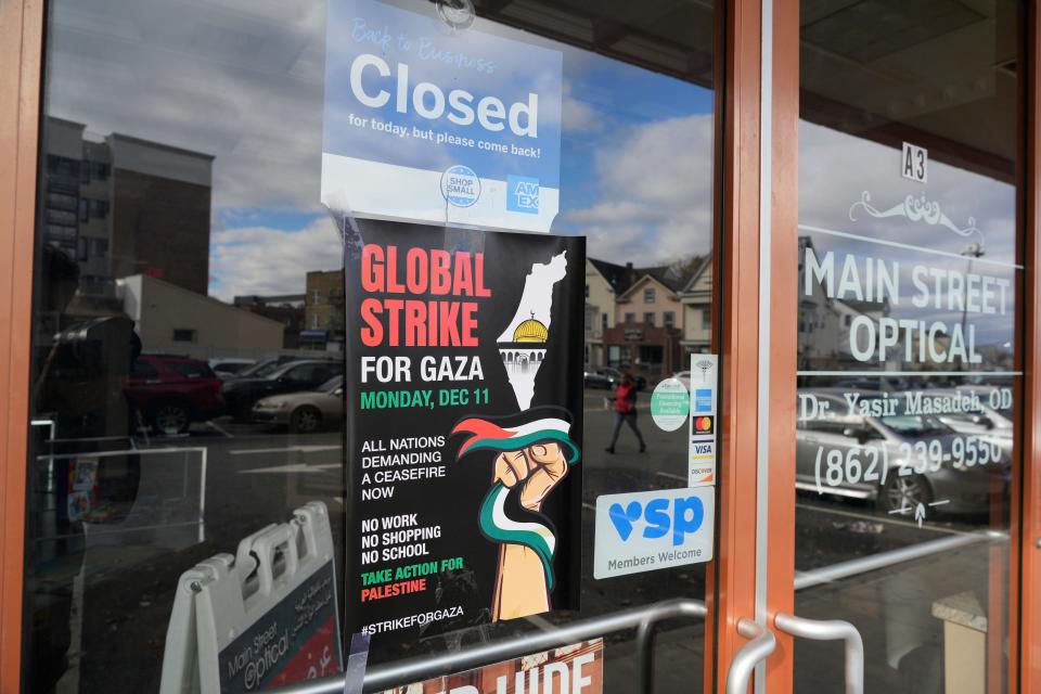 A majority of the businesses are closed in solidarity for the Global Strike for Gaza along Main St in South Paterson, NJ on Monday Dec. 11, 2023.