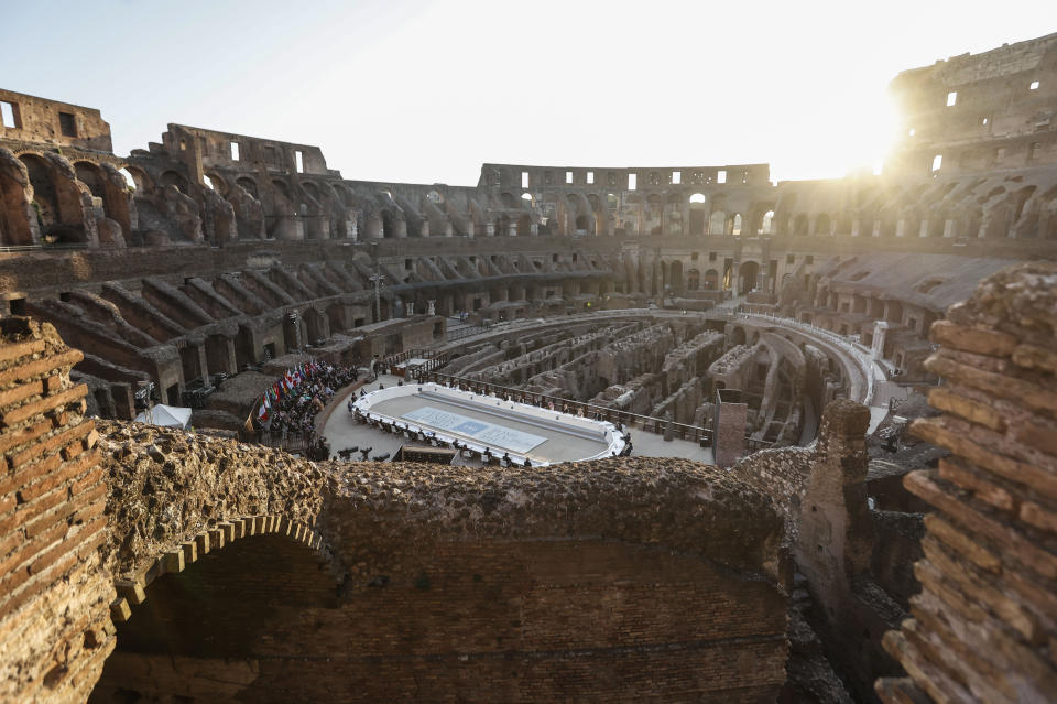 FILE - A view of the inauguration of the G20 Culture ministerial meeting at the Colosseum in Rome, Thursday, July 29, 2021. The second “Field of Dreams” baseball game is Thursday night, Aug. 11, 2022, in the cornfields of eastern Iowa, near the site of the beloved 1989 movie. If Major League Baseball is looking for another place for a game, oh man, do we have some fun ideas. (AP Photo/Riccardo De Luca, File)