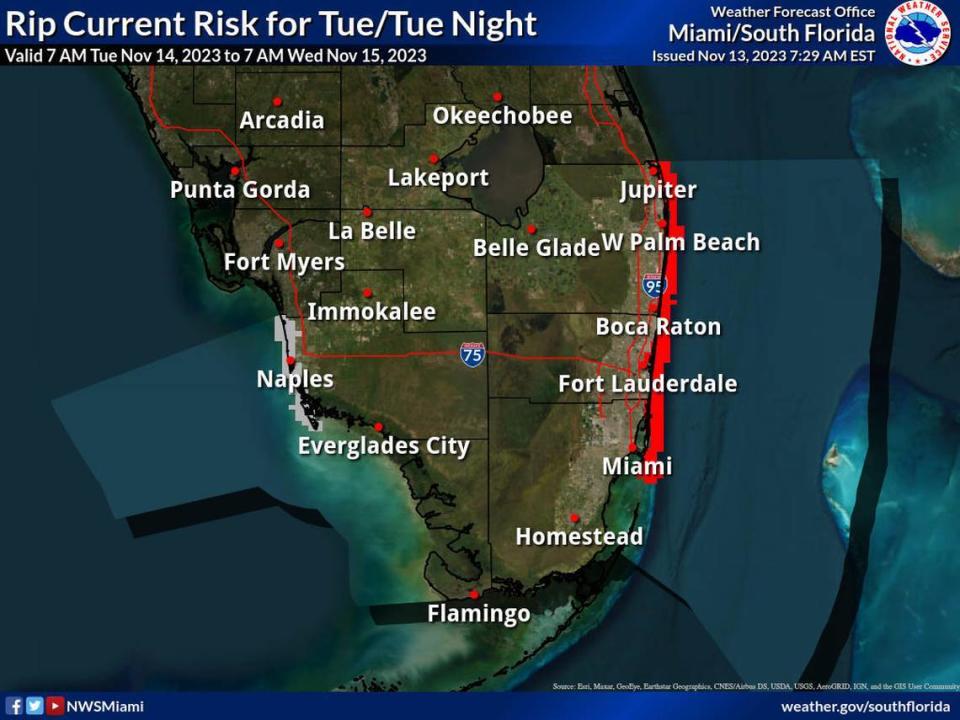 Un alto riesgo de corrientes de resaca entró en efecto el lunes para Palm Beach, y se pronostica abarcará a las playas de Fort Lauderdale y Miami a partir del martes, 14 de noviembre de 2023.