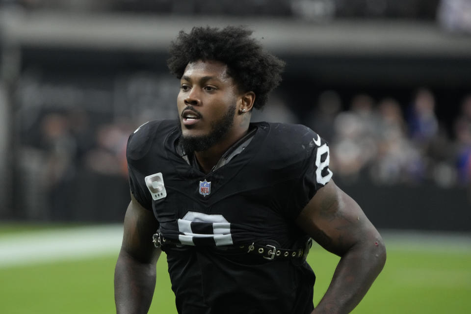 Las Vegas Raiders running back Josh Jacobs was not happy about a fine he was given for a play last week. (AP Photo/Rick Scuteri)