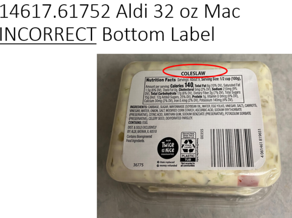 The label on the bottom of the recalled macaroni salad is for coleslaw and doesn’t reveal the presence of wheat.