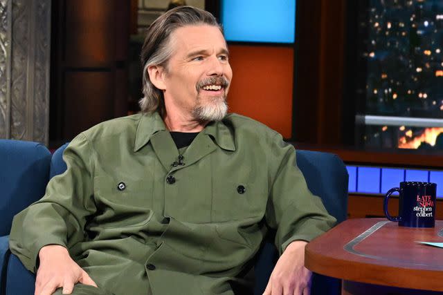 <p>Scott Kowalchyk/CBS</p> Ethan Hawke guests on The Late Show with Stephen Colbert on May 6, 2024