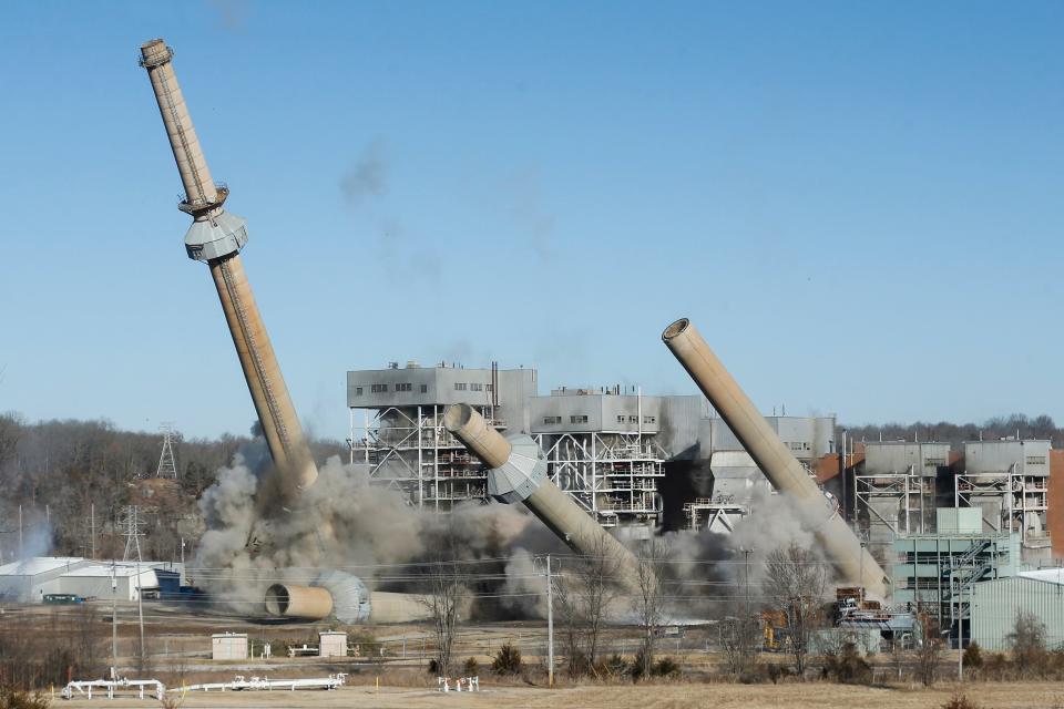 The smokestacks at the James River Power Station were imploded on Saturday, Feb. 19, 2022.