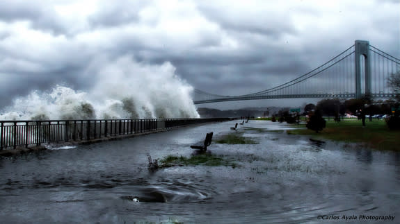 A striking image of Verrazano Bridge in Brooklyn as Hurricane Sandy approaches on Oct. 29, 2012.