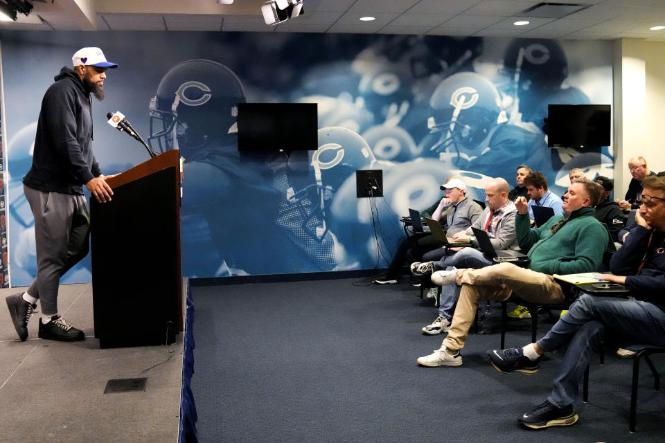 Chicago Bears wide receiver Keenan Allen speaks at a news conference at Halas Hall in Lake Forest, Ill., Saturday, March 16, 2024. A day after the Chargers released wide receiver Mike Williams, the team decided to ship star wideout Keenan Allen to the Chicago Bears in exchange for a fourth-round pick. (AP Photo/Nam Y. Huh)