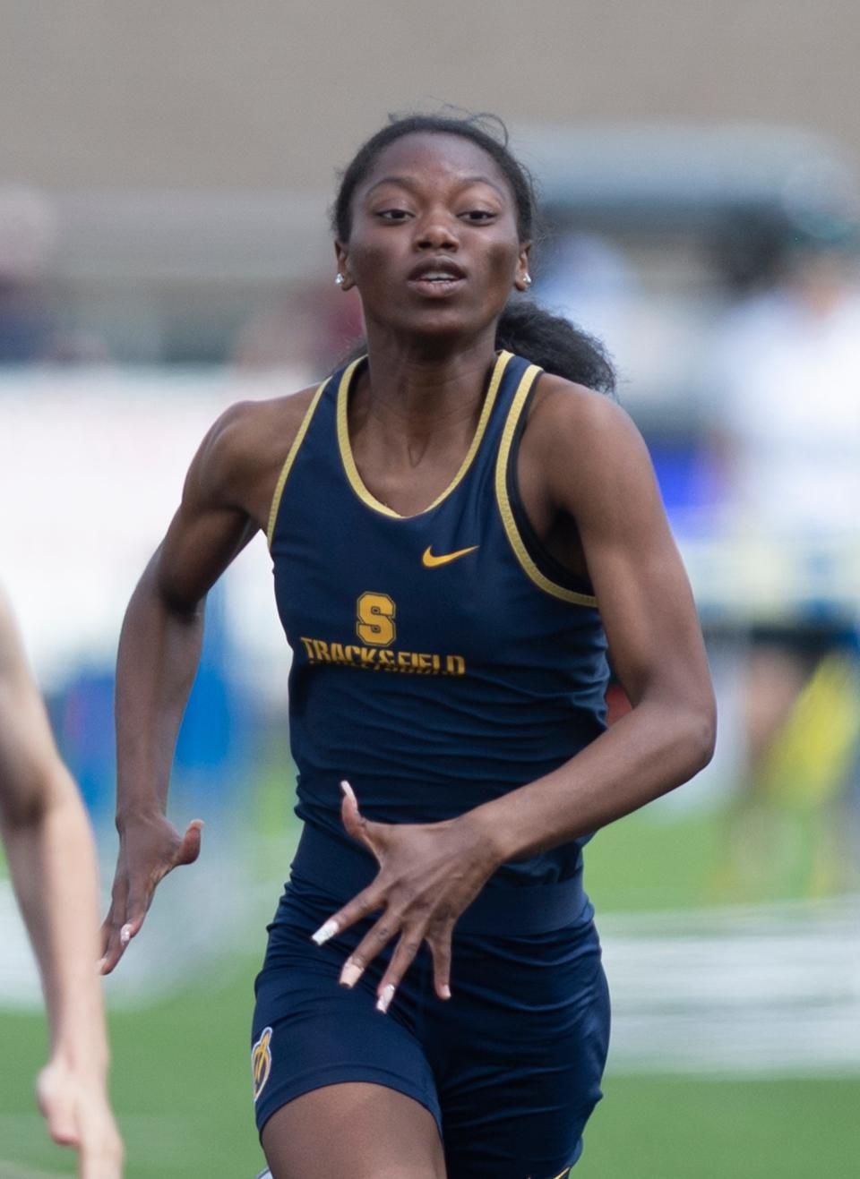 Streetsboro's Mariah Embry competes in the 100-meter finals at the Division II track & field championships at Lakeview on Saturday, May 21, 2022.