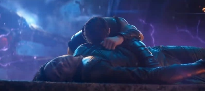 Thor lying over Loki's dead body in the ruined "Statesman" in "Avengers: Infinity War"