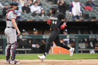 Chicago White Sox's Bryan Ramos scores on a sacrifice fly from Braden Shewmake during the fifth inning in the first baseball game of a doubleheader against the Washington Nationals, Tuesday, May 14, 2024, in Chicago. (AP Photo/Erin Hooley)