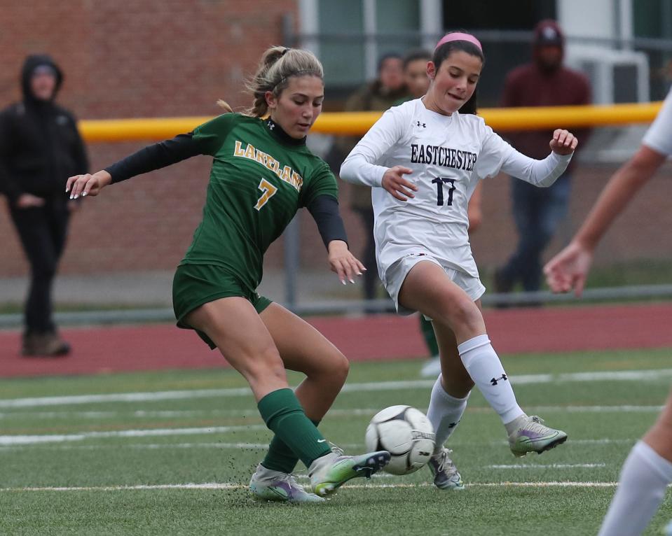 Eastchester's Lucia Coviello (17) and Lakeland's Kayleigh Mula (7) battle for ball control during girls soccer action at Lakeland High School in Shrub Oak Oct. 19, 2022.  Eastchester won the game 2-0.