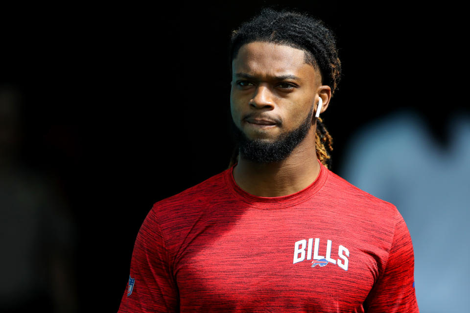 Damar Hamlin of the Buffalo Bills, shown here warming up before a game against the Dolphins in September, was taken to a Cincinnati hospital on Monday night. (Photo by Megan Briggs/Getty Images)