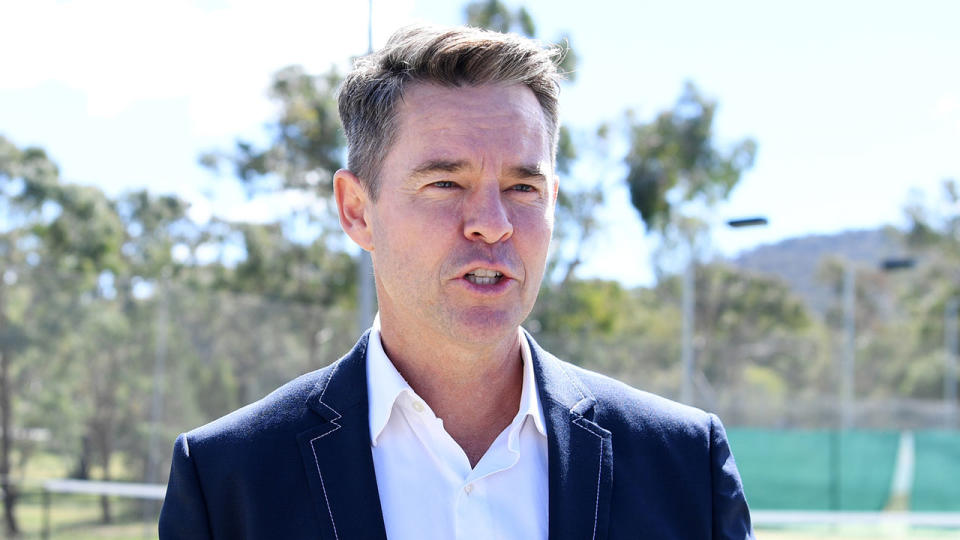 Aussie tennis great Todd Woodbridge is seen here talking to media.