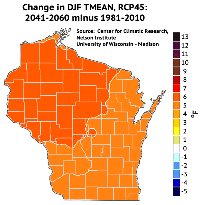 Projected change in winter average daily temperature from 1981-2010 to 2041-2060.