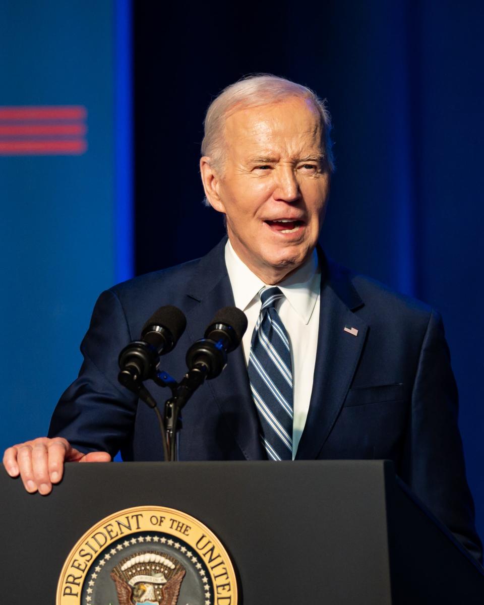 President Joe Biden addresses the crowd at the Milton J. Rubenstein Museum of Science & Technology in Syracuse, NY on Thursday, April 25, 2024.