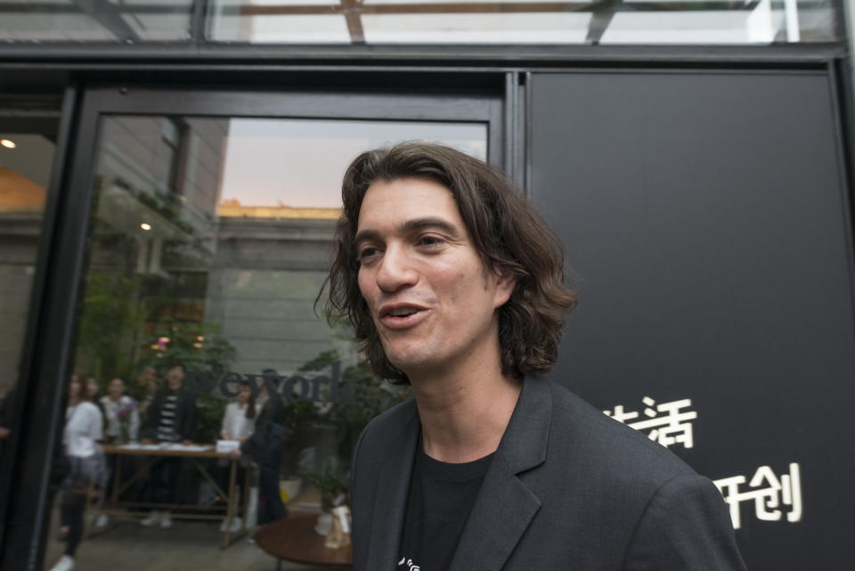 SHANGHAI, CHINA - APRIL 12:  Adam Neumann, co-founder and chief executive officer of WeWork, speaks during a signing ceremony at WeWork Weihai Road flagship on April 12, 2018 in Shanghai, China. World's leading co-working space company WeWork will acquire China-based rival naked Hub for 400 million U.S. dollars.  (Photo by Jackal Pan/Visual China Group via Getty Images)