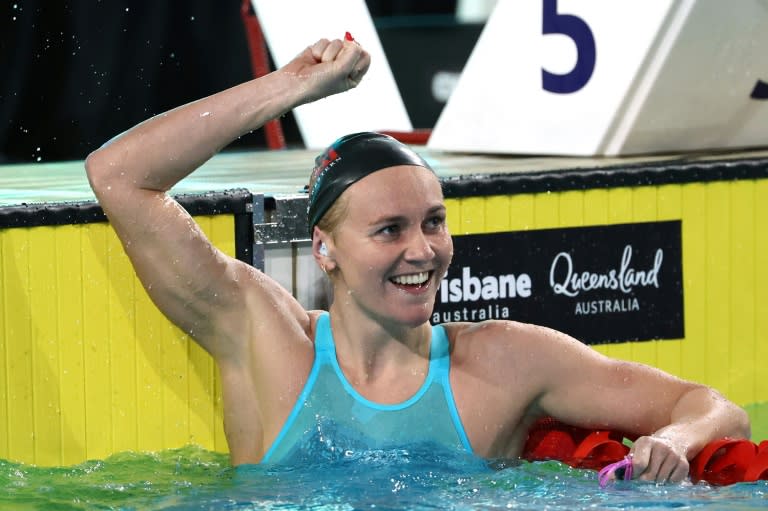 Australia's Ariarne Titmus reacts after breaking the women’s 200m freestyle world record (DAVID GRAY)