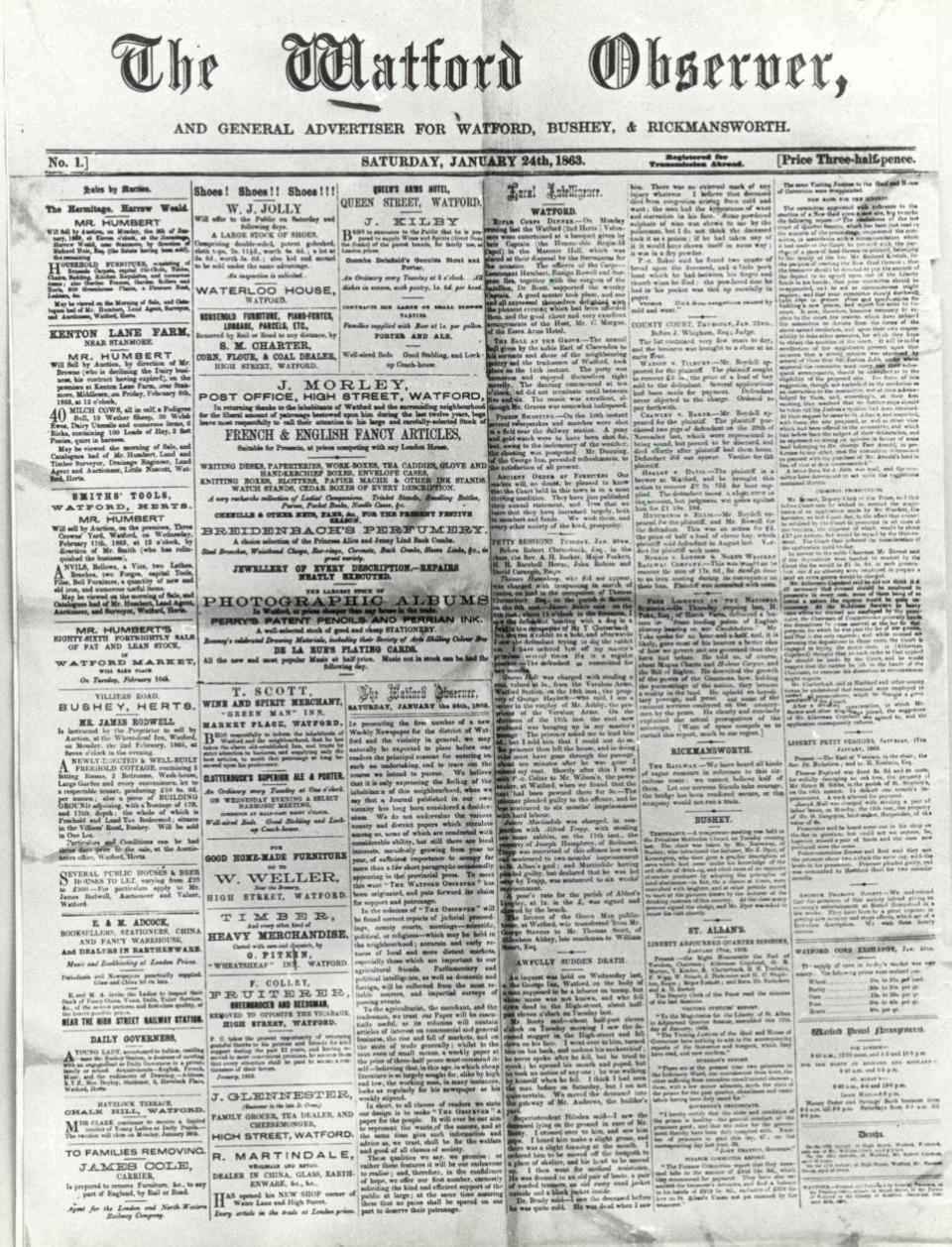 Watford Observer: The first four-page issue was published on January 24, 1863