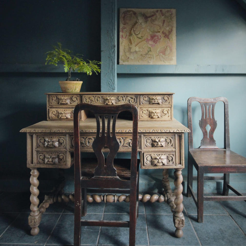 bespoke desk by with bobbin legs in a blue home office