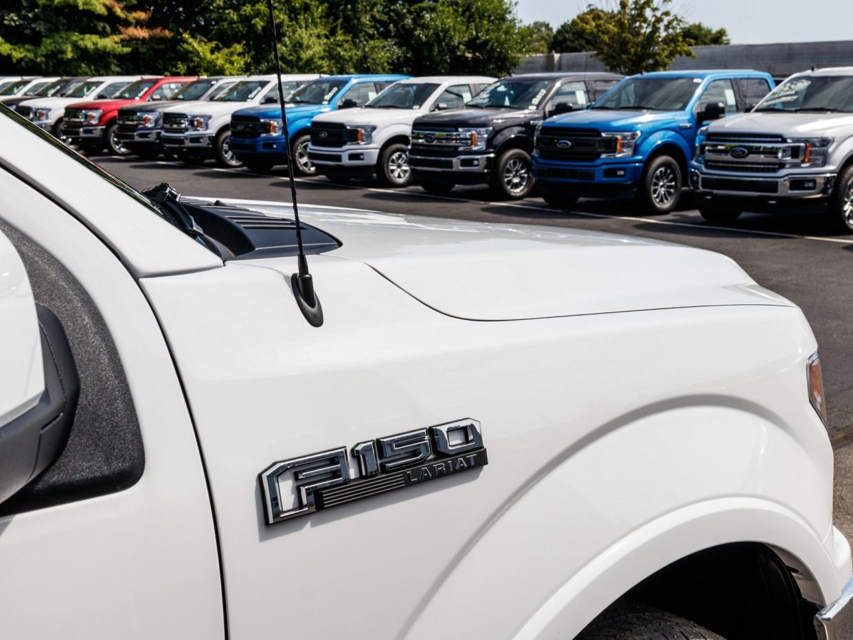 Indianapolis - Circa August 2019: Ford F150 display at a dealership. Ford sells products under the Lincoln and Motorcraft brands