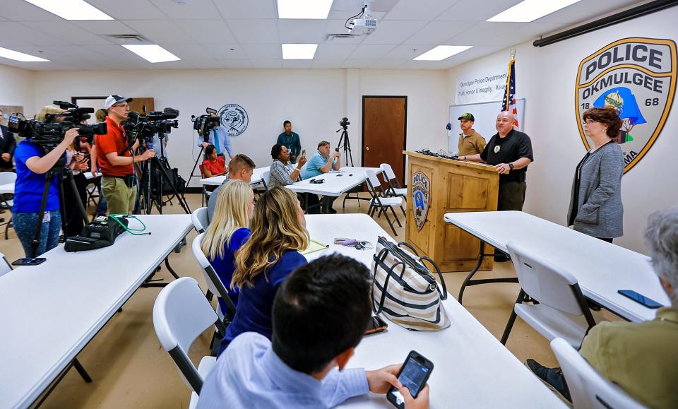 Joe Prentice, police chief for the city of Okmulgee, speaks at a news conference Wednesday to give an update after seven bodies were found in Henryetta on Monday.