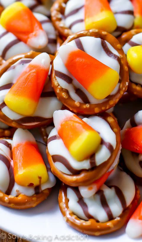 Candy Corn Pretzel Hugs