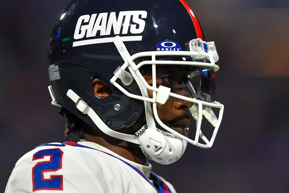 New York Giants quarterback Tyrod Taylor (2) looks on during the second half of an NFL football game against the Buffalo Bills in Orchard Park, N.Y., Sunday, Oct. 15, 2023. (AP Photo/Adrian Kraus)