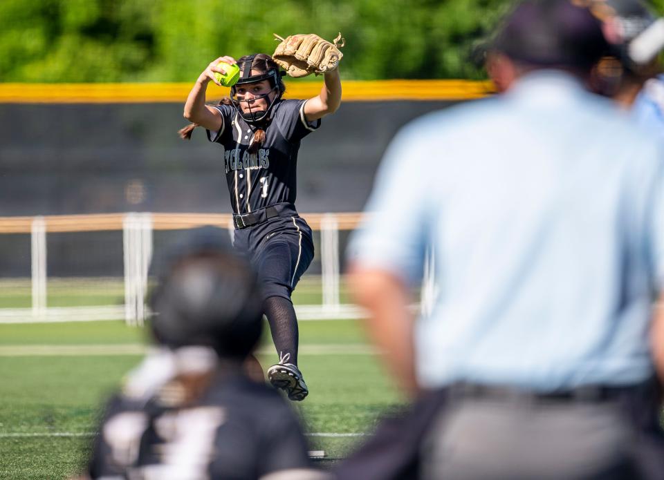 Sacred Heart-Griffin's Rosie Bartletti (1) delivers a pitch against North Mac in the first inning during the Class 2A Regional at Comstock Field in Springfield, Ill., Friday, June 4, 2021. [Justin L. Fowler/The State Journal-Register]