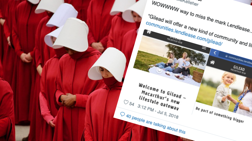 Pictured: A scene from The Handmaid's Tale, and Tweet about Sydney's Gilead development. Images: HBO, Twitter