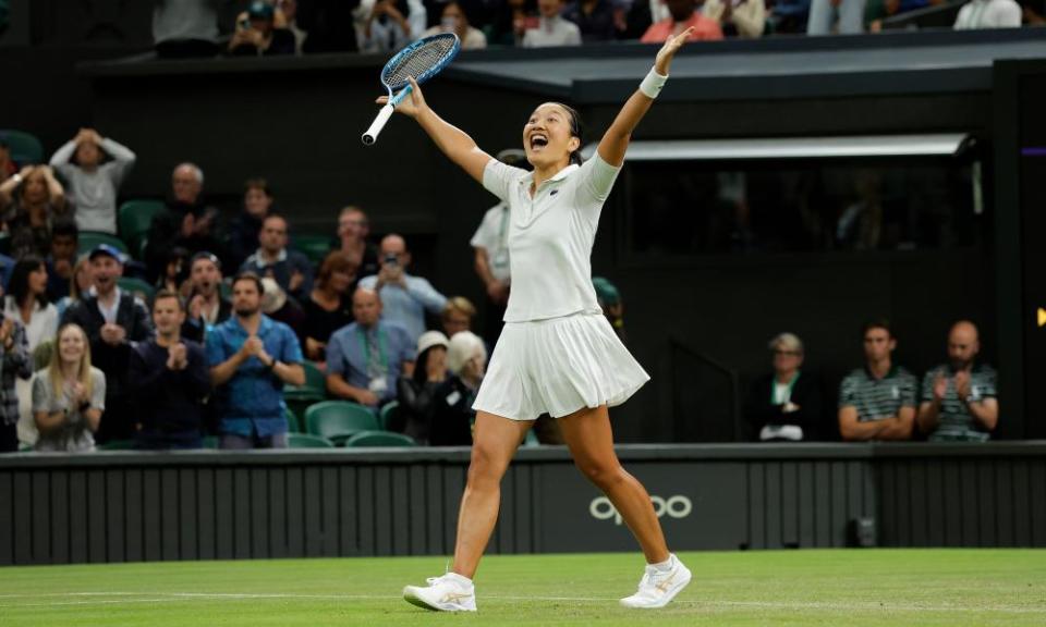 Harmony Tan celebrates following her victory.