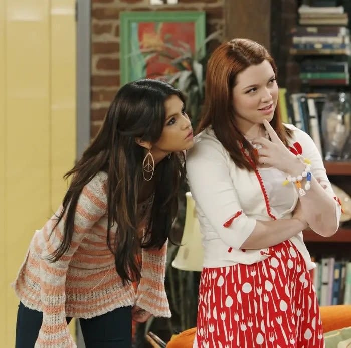 Selena Gomez as Alex Russo and Jennifer Stone as Harper Finkle in the Disney Channel sitcom Wizards of Waverly Place.