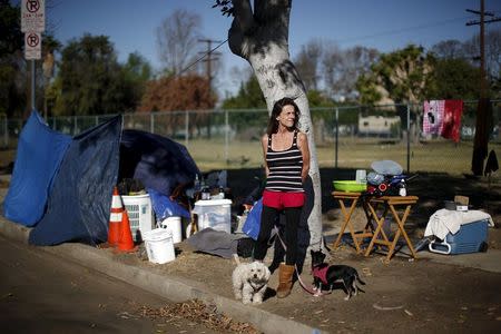 Stacie McDonough, 51, poses for a portrait by her tent at a homeless motorhome and tent encampment near LAX airport in Los Angeles, California, United States, October 26, 2015. REUTERS/Lucy Nicholson