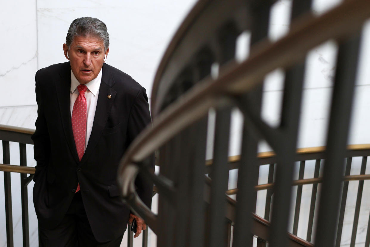 U.S. Sen. Joe Manchin (D-WV) leaves a closed hearing of Senate Armed Services Committee September 14, 2021 on Capitol Hill in Washington, DC. (Alex Wong/Getty Images)