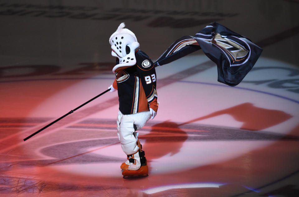 Jan 4, 2015; Anaheim, CA, USA; Anaheim Ducks mascot Wild Wing holds a flag prior to the game between the Anaheim Ducks and the Nashville Predators at Honda Center. (Kelvin Kuo-USA TODAY Sports)