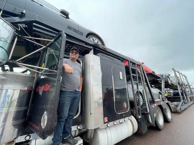 Gary Stein is one of nearly 100 transport-truck drivers halted at the border. Stein is transporting vehicles from Ontario to Nova Scotia. (Shane Magee/CBC News - image credit)