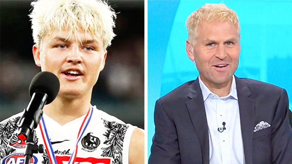 AFL commentator Kane Corners (pictured right) during a show and (pictured left) Jack Ginnivan winning an award.