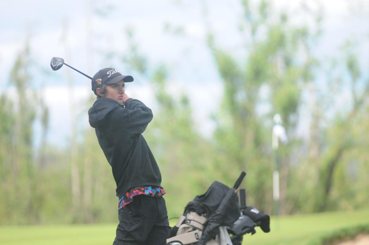 Cascade senior Kyler Hemelstrand competes at the OSAA 4A Special District 2 Boys Tournament at Emerald Valley Golf Club in Creswell on Tuesday, May 7, 2024.