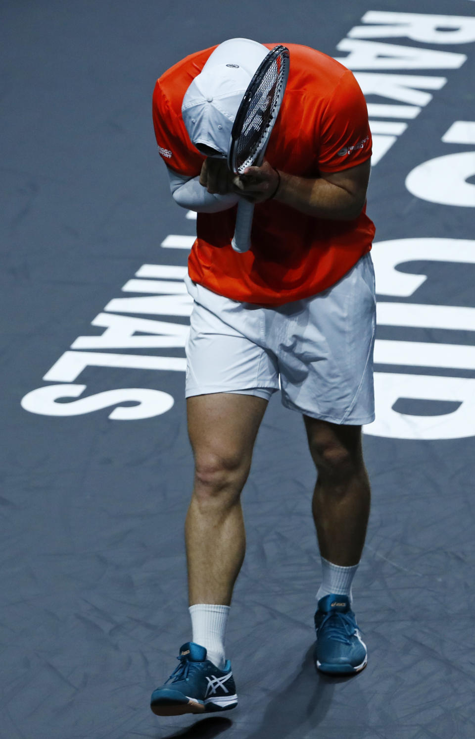 Netherland's Tallon Griekspoor reacts while playing against Australia's Jordan Thompson during a Davis Cup quarter-final tennis match between Australia and The Netherlands in Malaga, Spain, Tuesday, Nov. 22, 2022. (AP Photo/Joan Monfort)