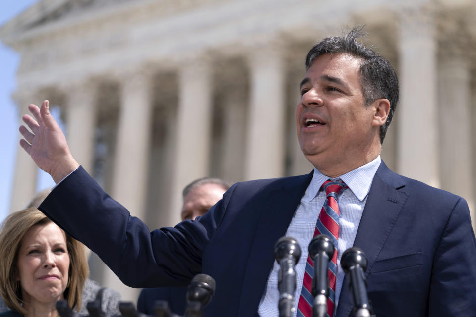 Idaho Attorney General Raúl Labrador talks to reporters outside the Supreme Court, Wednesday, April 24, 2024, in Washington. (AP Photo/Jose Luis Magana)